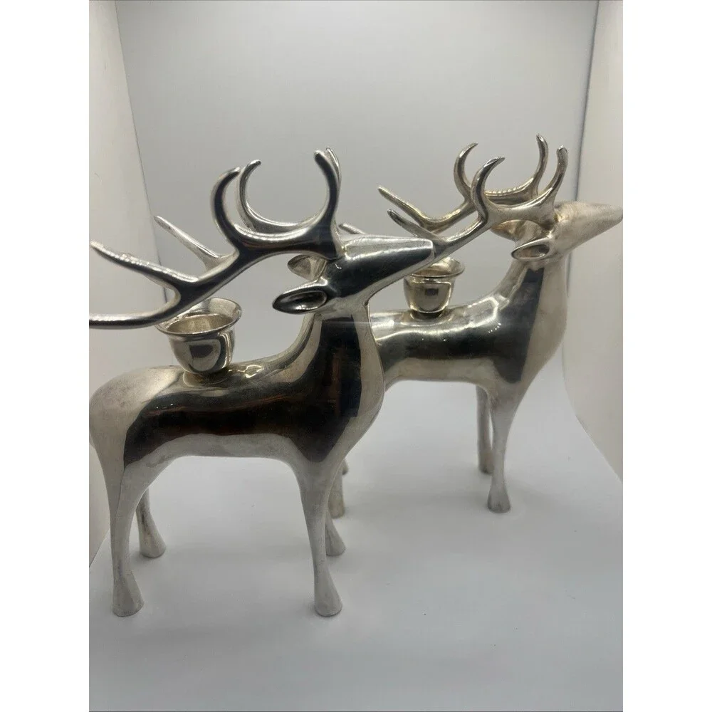 Set 2, Pottery Barn Silver Plate Reindeer Taper Candle Holder Christmas Heavy 8”